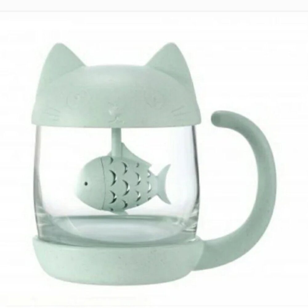 Cute Cat Glass Cup Tea Mug With Fish Infuser Filter
